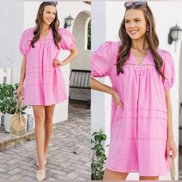 Pink Eyelet Short Dress | XL | Bubble Sleeves | Pleated | NWT - Picture 3 of 11